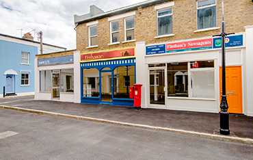 exterior street set, pub, barber shop, convenience store, cab office, fish and chip shop, Chinese takeaway and terrace housing